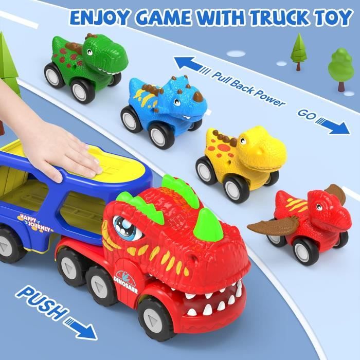 HOTUT Jouet Dinosaure 5-en-1 – Camion Transporteur Avec 4 Petits Dinosaures – Sons Et Lumières – Sans Piles Pour La Friction – Dès 2 Ans – ABS Résistant