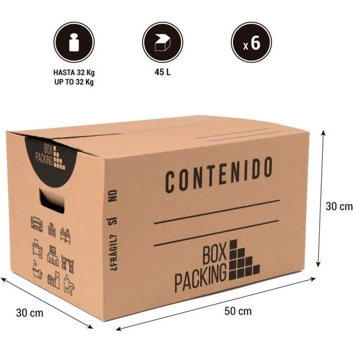 Cartons Déménagement BOXPACKING - Lot De 10 Boîtes Solides 50x30x30 Cm Avec Poignées | Faciles à Monter Et Empilables
