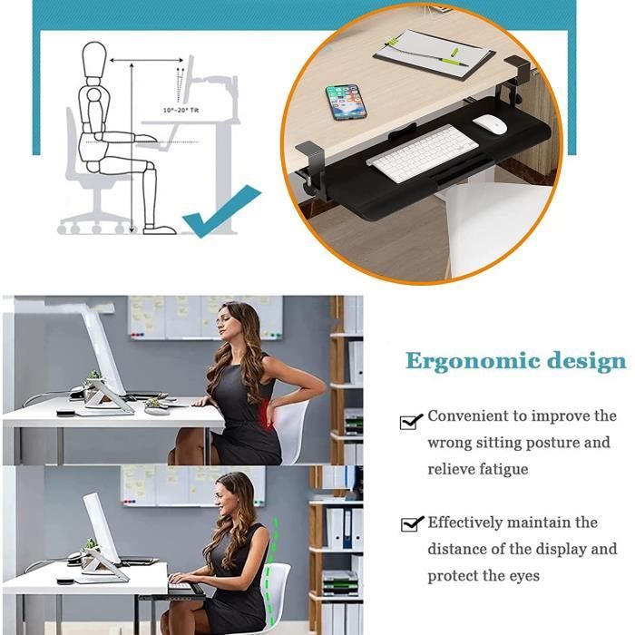 V3VOGUE Plateau Pour Clavier Et Souris À Pince 52/65/75x25cm Supports Clavier Coulissant Sous Le Bureau, Ergonomique Tiroir À Clavier, Améliore Posture Et Réduit Fatigue, Charge 25kg