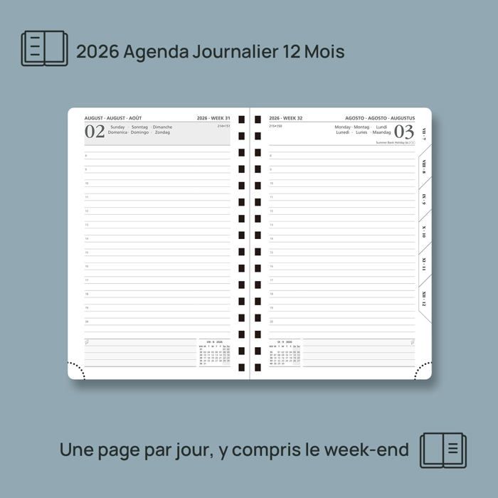 Agenda 2026, agenda journalier 2026, planificateur mensuel et