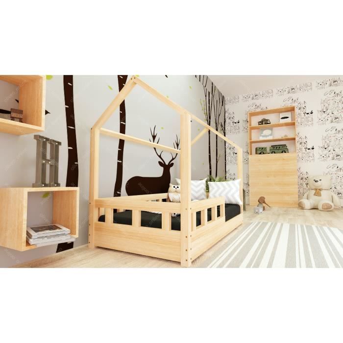 CYA Lit Cabane pour enfants avec barrières - Couleur Bois (90x200  cm+140x70cm) En Stock - Cdiscount Maison