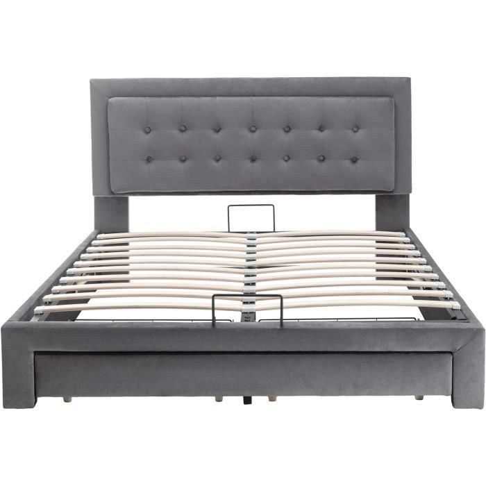 Lit avec tiroirs de rangement Tissu LA ROCHELLE 140 x 200 cm Gris foncé