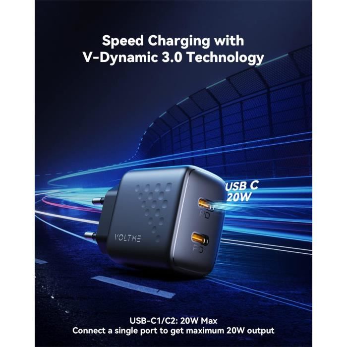 VOLTME Chargeur USB C 20W Noir, Chargeur 2-Port Mural USB-C