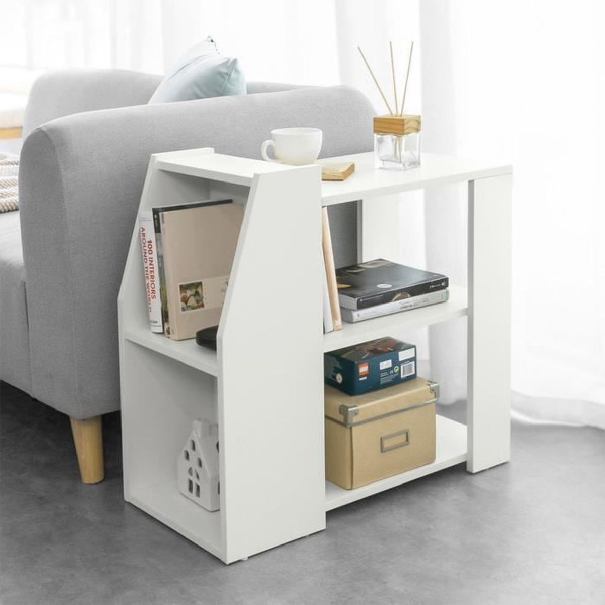 SoBuy® FBT104W Bout de Canapé Table d’Appoint Meuble de Rangement avec 3 Etagères et 2