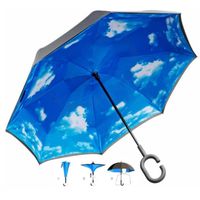 Parapluie inversé avec ciel bleu et poignée en C pour avoir les mains libres ; parapluie à bâton inversé Parapluie de pluie intellig