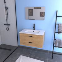 Meuble salle de bain 80 cm monté suspendu decor bois H46xL80xP45cm - avec tiroirs - vasque et miroir - BOX-IN 80 WOOD