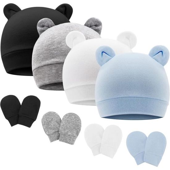 Set Bonnet Et Moufles Bébé 0-6 Mois - Coton Doux - 4 Bonnets + 4 Paires - Oreilles Mignonnes