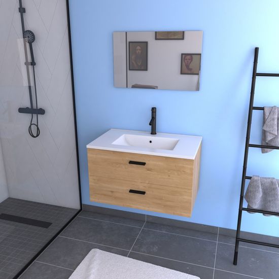 Meuble salle de bain 80 cm monté suspendu decor bois H46xL80xP45cm - avec tiroirs - vasque et miroir - BOX-IN 80 WOOD