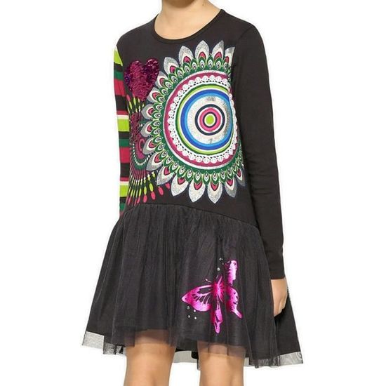 Robe Courte Enfant Uni Détail Brillant DESIGUAL Robe Bulle Noire Manches Courtes Fille 11 - 12 Ans Robe Habillée Fille