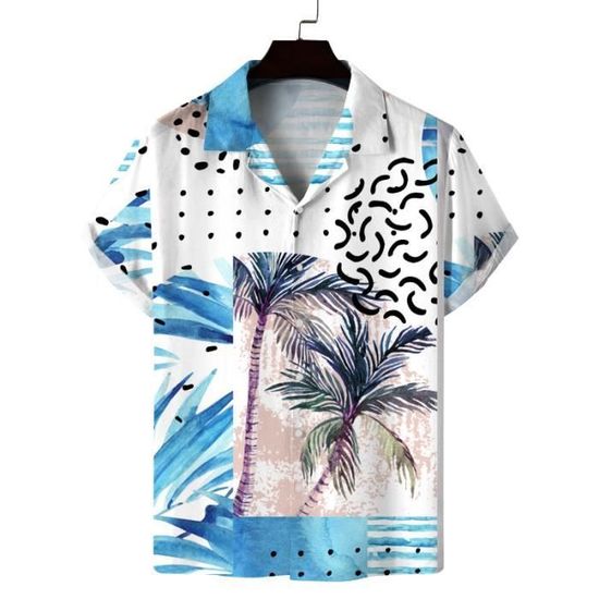 Chemise a Manches Courtes avec Imprime Palmier pour Homme Lache Ete Bleu Blanc Bleu blanc Cdiscount Pret a Porter