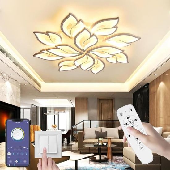 ZAITINZ Plafonnier LED Salon Moderne 50W - Dimmable, Télécommande, 5 Pétales, Noir 60cm - Éclairage Chambre, Cuisine, Bureau