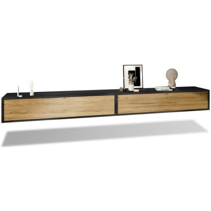 Ensemble de 2 set meuble TV Lana 140 armoire murale lowboard 140 x 29 x 37 cm, caisson en Noir mat, façades en Chêne Nature