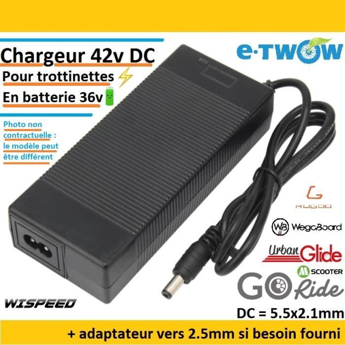 Chargeur 42v DC pour trottinettes électrique en 36v Etwow, Go ride , Kugoo , Urbanglide , wispeed , wegoboard , Megawheels Cable 2.1