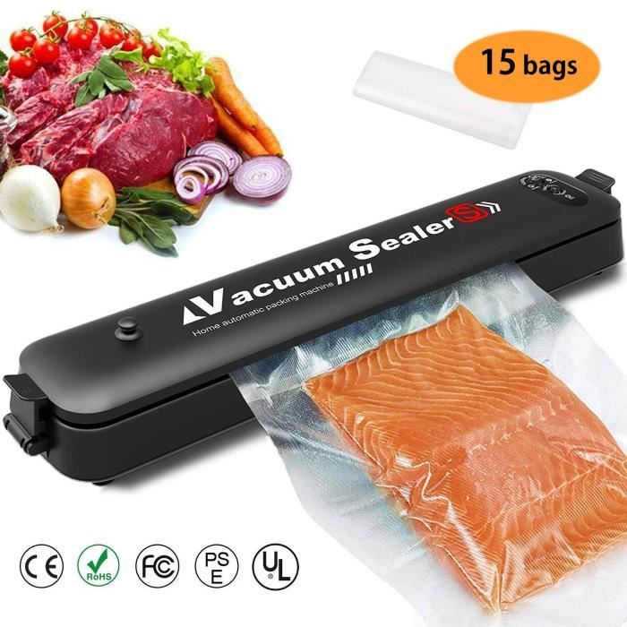 Machine Sous Vide,Appareils de Mise Sous Vide Automatique Portable pour Sceller Aliments,2 Fonctions/LED Voyants/ 15 Sacs-Noir