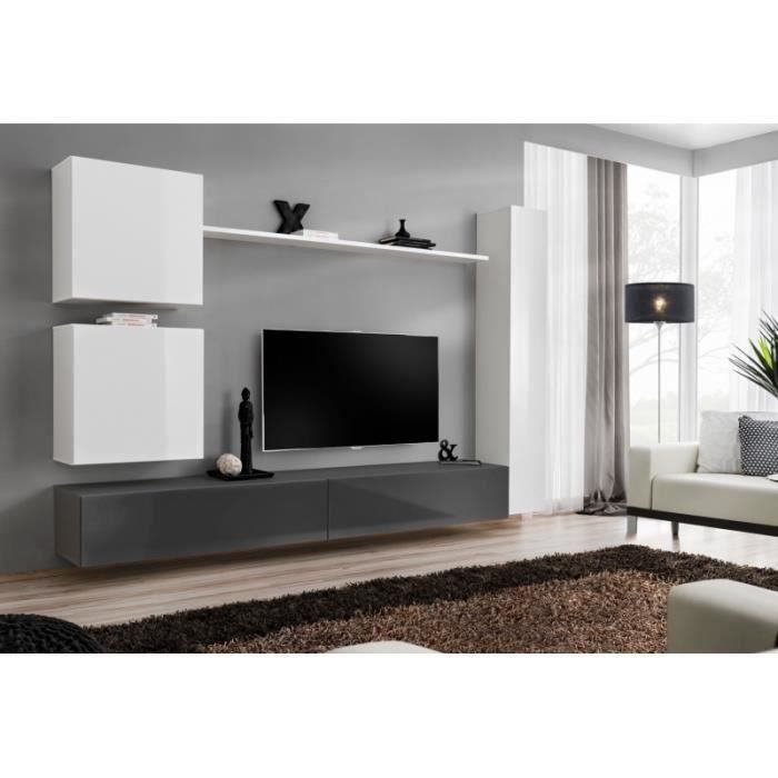 Ensemble meuble salon mural SWITCH VIII. Meuble TV mural design, coloris gris et blanc brillant.