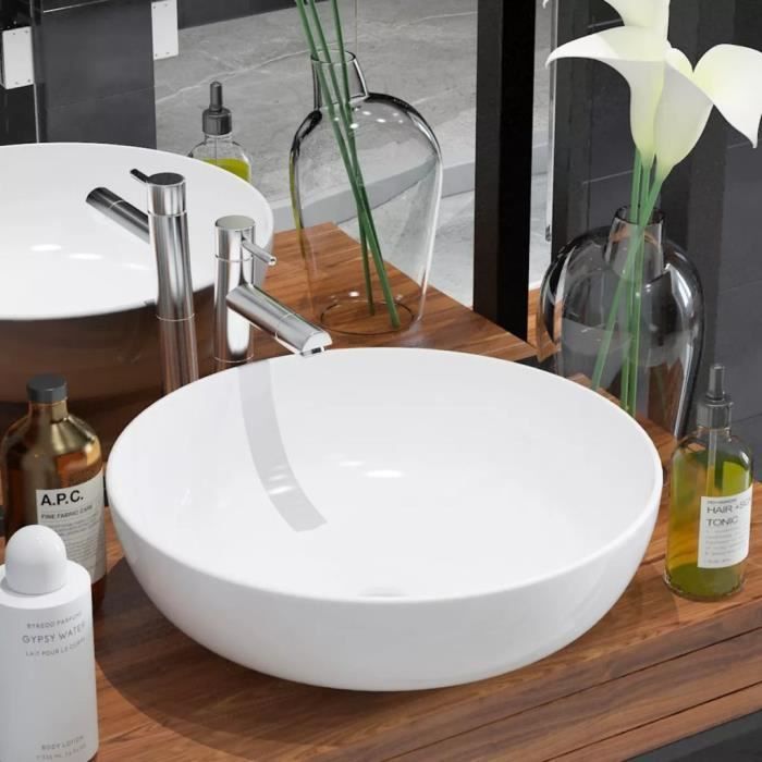 Lavabo Vasque à poser Salle de Bain Lave Main Haut de Gamme ronde Céramique Blanc 41,5 x 13,5 cm