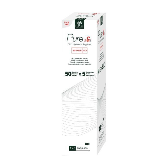 Lot de 16 boites de 250 Compresses de gaze stérile PURE 5x5 cm - Boite de 50 sachets de 5 compresses