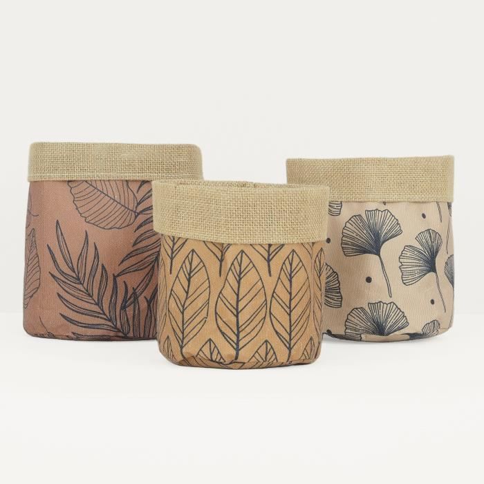 3 Cache-Pots Plantes D.18/20/22cm - Décoration Intérieur Maison Bureau Jungle - Pot Fleur / Panier de Rangement Jute et Tissu - AENA