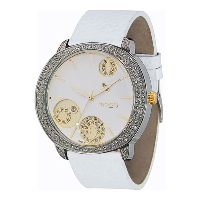Montre Femme Moog Paris G-power avec Cadran Argenté, Eléments Swarovski, Bracelet Blanc en Cuir Véritable - M45022-104