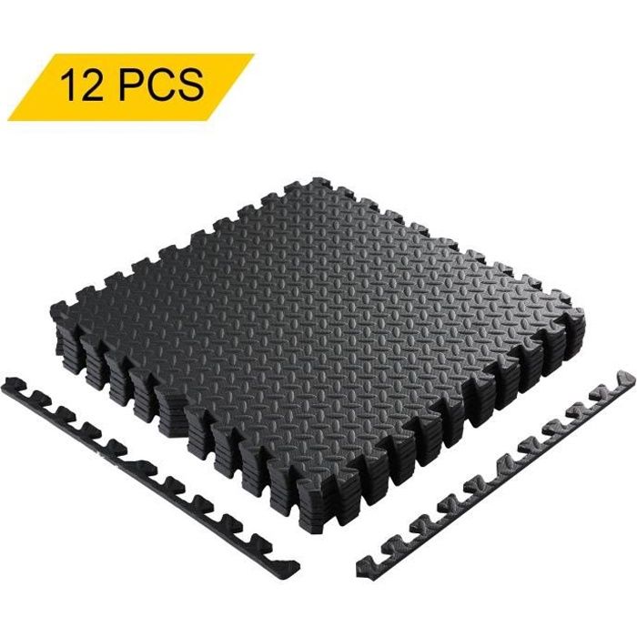 12 Tapis de Protection de Sol – Dalles en Mousse + Bordures - Matelas Puzzle pour matériel Fitness, Gym, Musculation