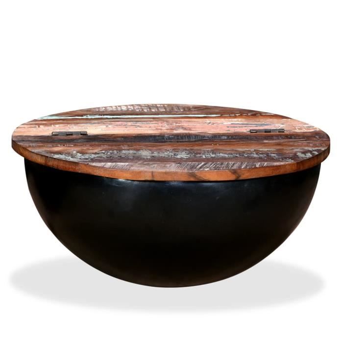 Table basse design scandinave salon contemporain Bois de récupération massif Noir Forme de bol
