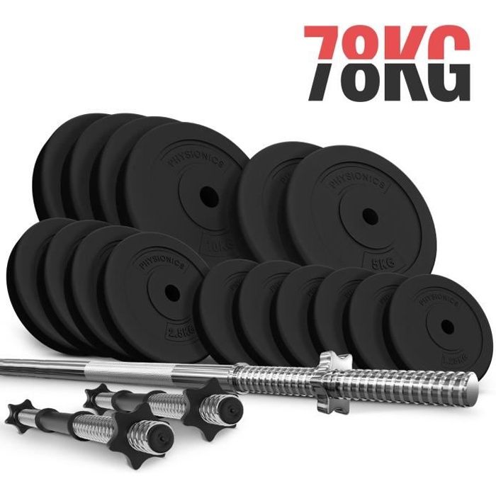 Physionics® Set de Barres d'Haltère avec Disques de Poids - Set 78 kg, Barre Longue 165cm, 2 Barres Courtes, Disques - Gym, Fitness