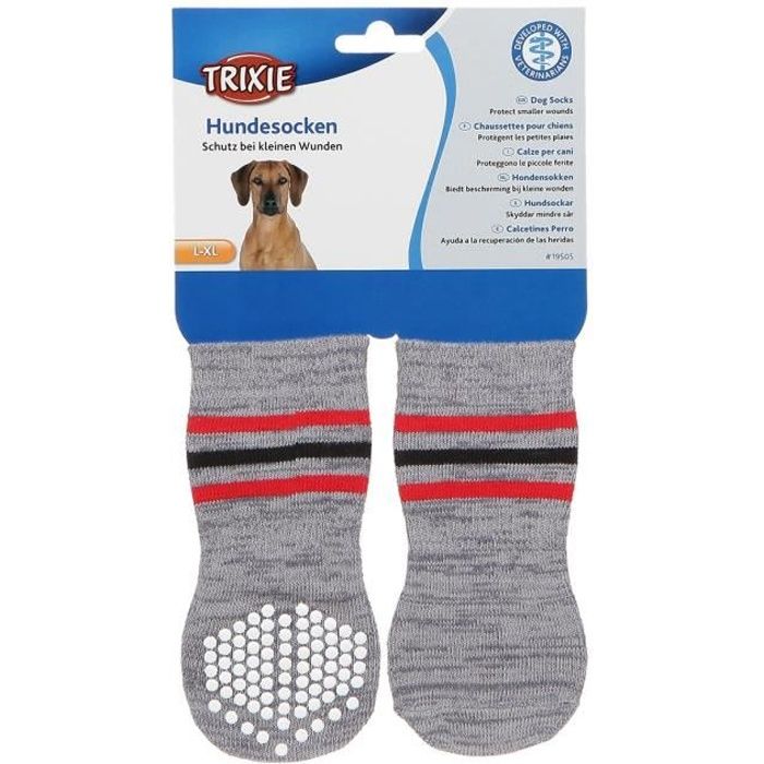 TRIXIE Lot de 2 Chaussettes antidérapant - L–XL - Gris - Pour chien