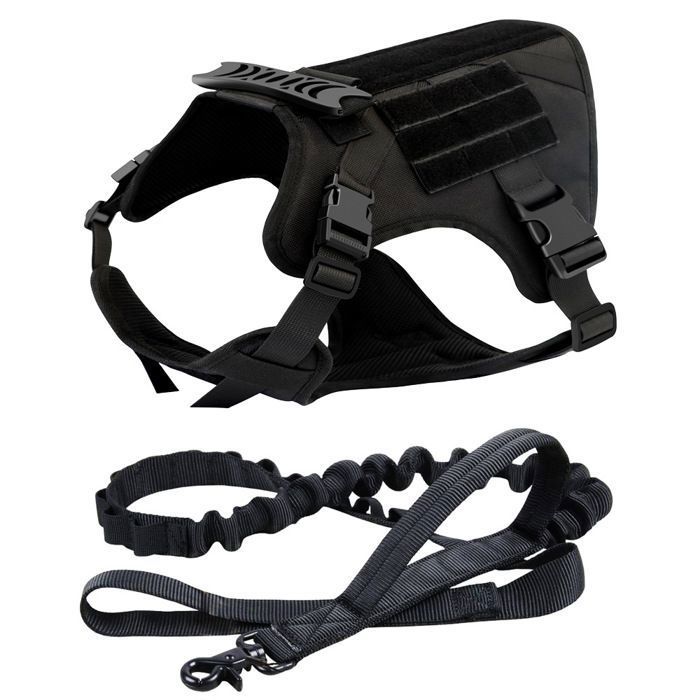 RubRab Harnais tactique pour chien avec poignée – Gilet militaire Molle pour le travail avec boucles en métal et panneaux à boucle – Laisse élastique gratuite (taille L, harnais camouflage avec