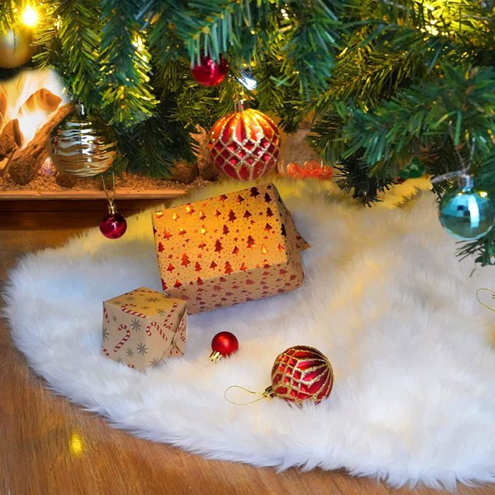 Jupe de Sapin Noel 48Inch Peluche Neige Tapis de Sapin Blanc Couvre Pied White Christmas Tree Skirt pour Fête Arbre(122cm)