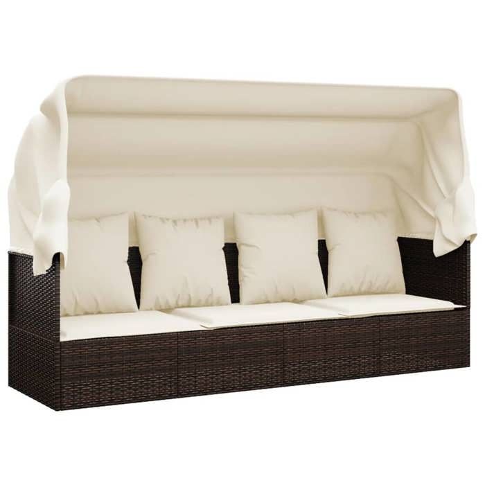 Lit de salon dextérieur toit et coussins 203 x 58 x 56 cm marron résine