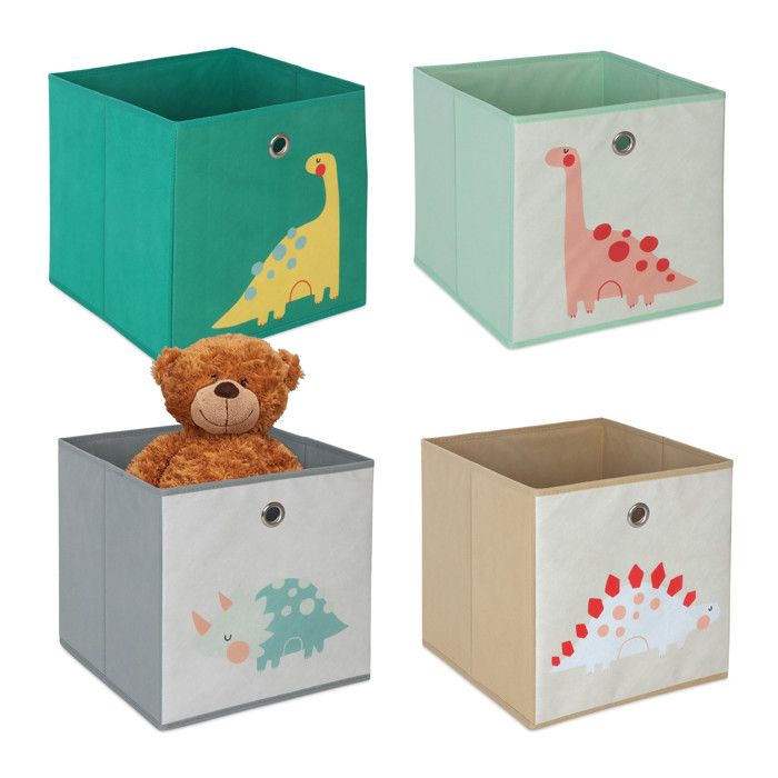 Relaxdays Lot de 4 boîtes de rangement enfants motifs dinos pliables pour étagères cubes 30 x 30 x 30 cm tissu