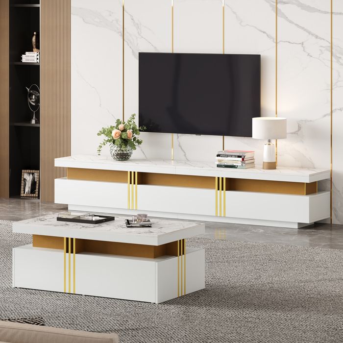 Ensemble Meuble TV 200x40x42 cm Table basse 100x50x40 cm Ensemble meuble de salon avec espace de rangement Blanc Pour salon