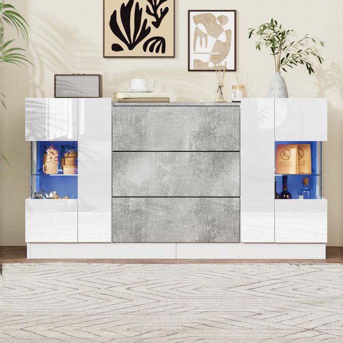 Buffet de cuisine 140x35x75 cm élégant avec 2 portes et 3 tiroirs Façades brillantes et aspect marbre éclairage LED 16 couleurs