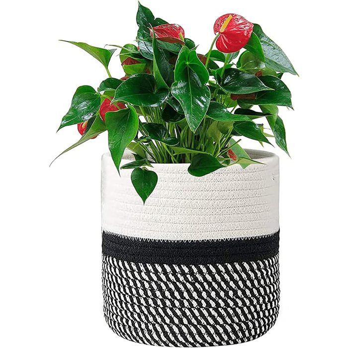 Panier tissé en corde de coton - DOK - 25 cm - Blanc et noir - Pliable - Multifonctionnel - Poignées robustes