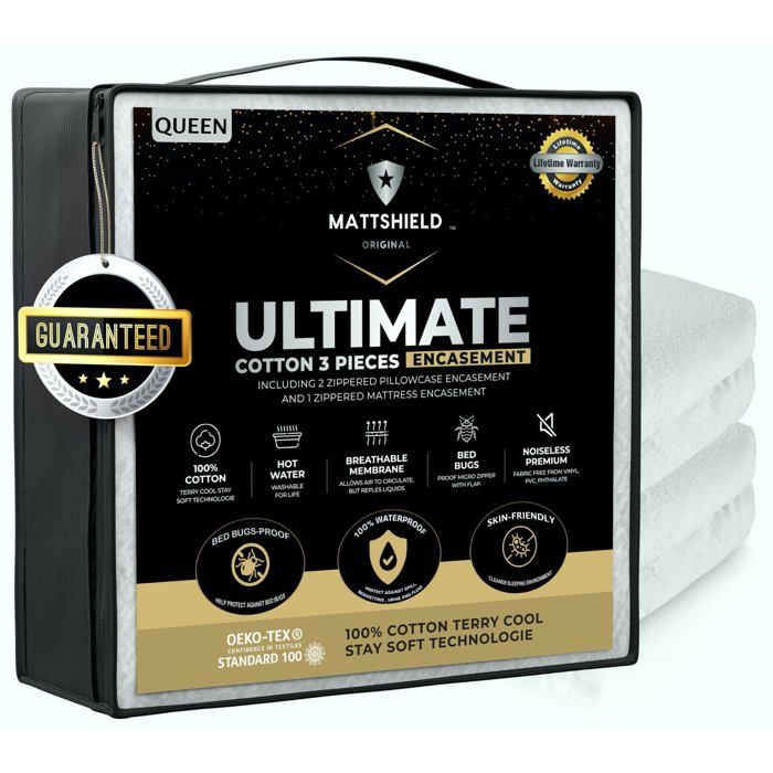 MATTSHIELD Kit 3 pièces Housse matelas Queen 100% imperméable anti-punaises + 2 protège-oreillers