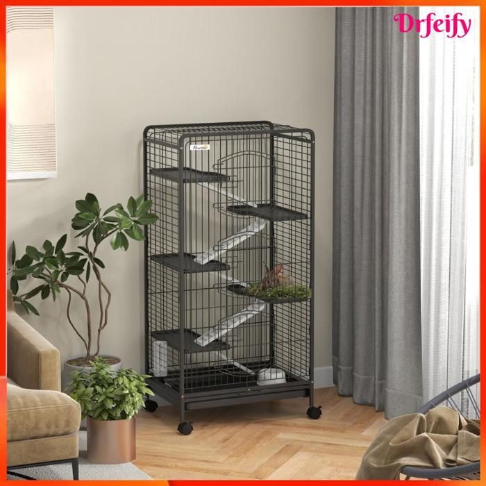 Cage pour petits animaux - AKOZON - 8578 - 5 plates‑formes - Bac inférieur amovible - 4 roues (2 avec frein)