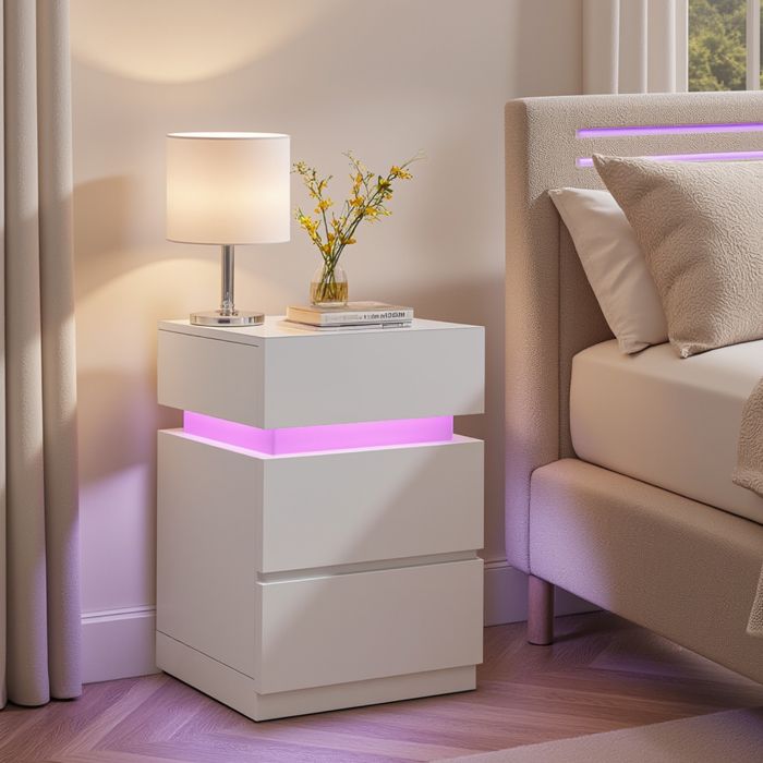 Table de Chevet avec Éclairage LED Lot de 2 avec 3 Tiroirs pour Chambre Moderne 351 x 401 x 551 cm Blanc