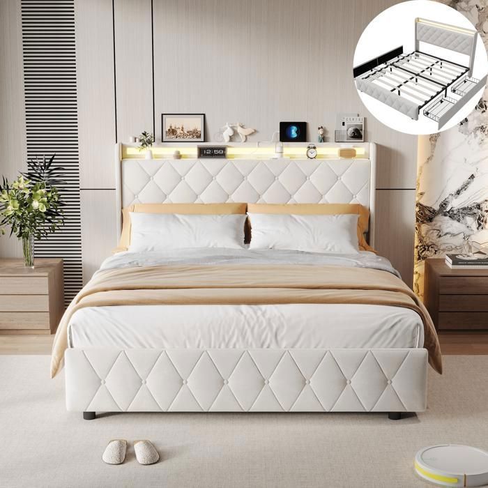 Lit double 140x200cm avec éclairage LED et ports USB Lit capitonné 140x200 avec 4 tiroirs et sommier à lattes Velours Beige