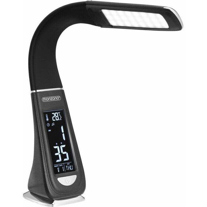 Lampe de bureau à LED multifonction - PZCC - Noir/Blanc - 4en1 - Calendrier - Montre - Thermomètre - Écran antireflet