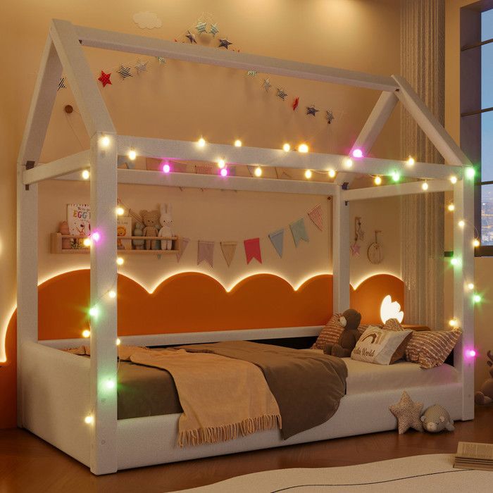 Canapé-lit 90x200 cm avec éclairage LED et prise USB Lit Cabane avec sommier à lattes Lit 1 personne Beige