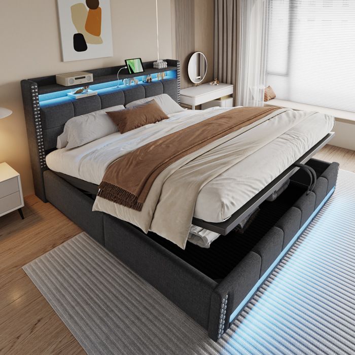 ULEVR lit double adulte 180 x 200 cm en lin gris avec LED prise USB tête de lit rangement et coffre