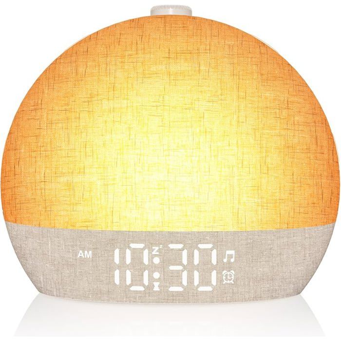 Réveil Lumineux Simulateur Aube Reveil Matin avec 7 Sonneries Lampe de Chevet 20 ux de Luminosité 30 Sons Jaune