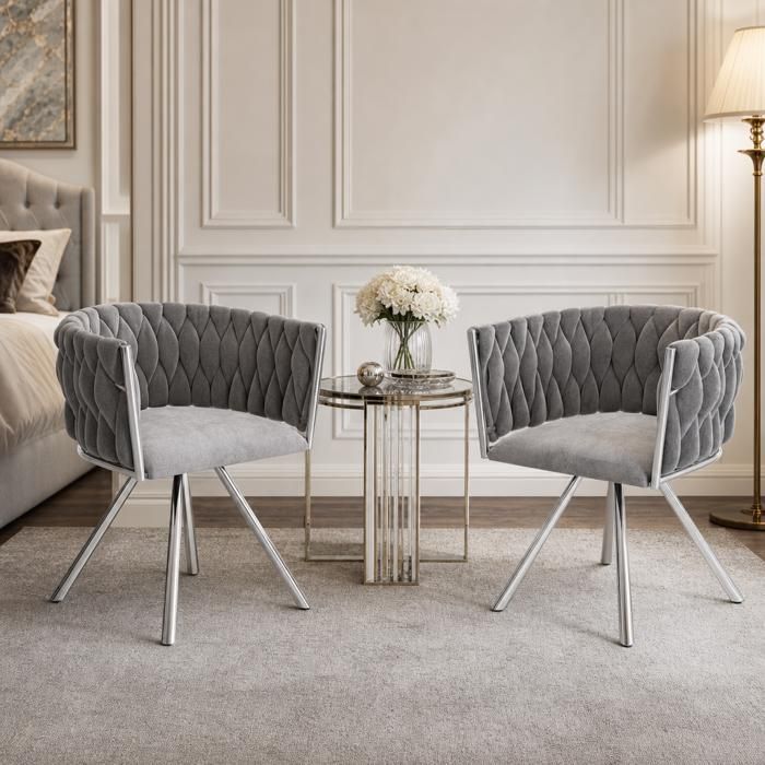 Chaise velours 2 pièces pivotante pieds métal gris argent