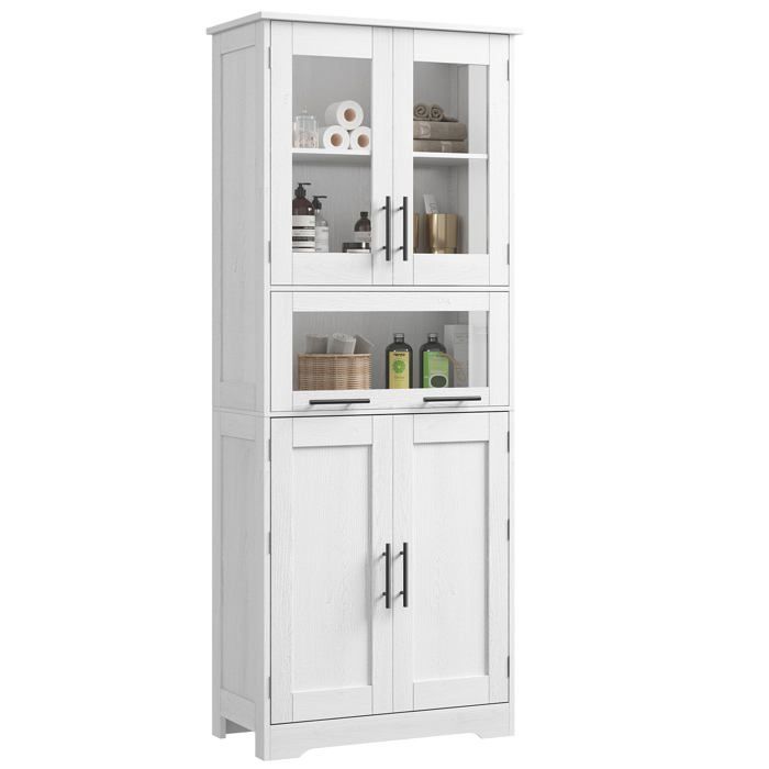 Garvee Colonne de salle de bain haute 5 étagères réglables et 1 tiroir en MDF hydrofuge avec portes vitrées blanc