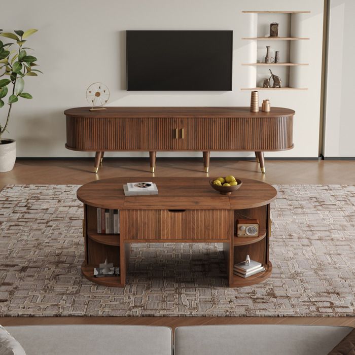 Meuble TV et table basse relevable lot salon 2 pièces portes coulissantes pieds bois poignées dorées