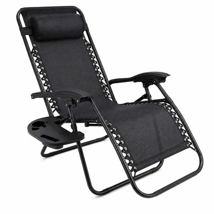 Fauteuil Relax Jardin Zéro Gravité ADM Pliable Inclinable avec Porte-Gobelet Coussin Appuie-Tête Noir