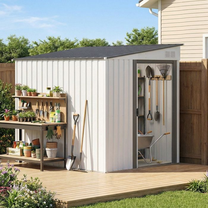 Abri de jardin en métal 1 5 x 2 m blanc avec base porte coulissante et toit incliné