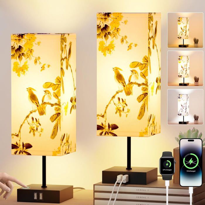 Lot de 2 lampes de chevet tactiles 2 ports USB intégrés dimmables 3 températures de couleur ampoule LED E27 6 W incluse