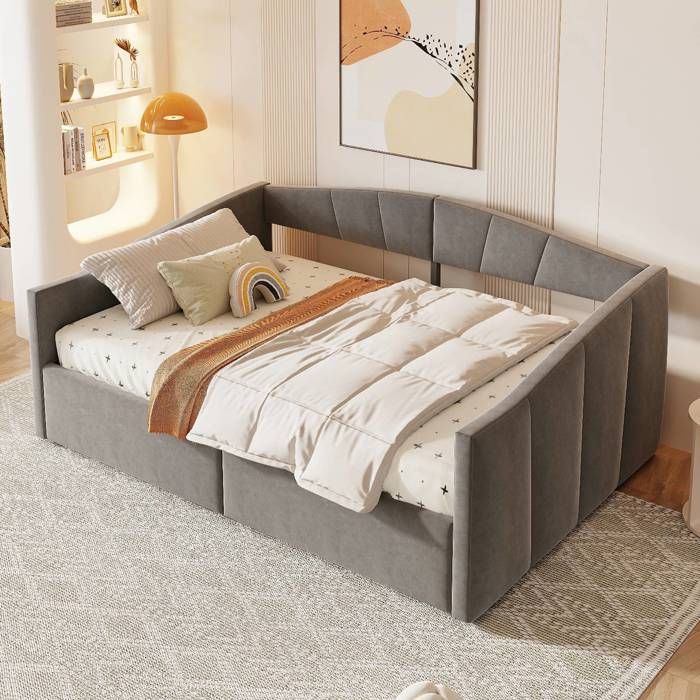 Lit sofa 140 x 200 cm en velours gris avec rangement hydraulique et accoudoirs rembourrés