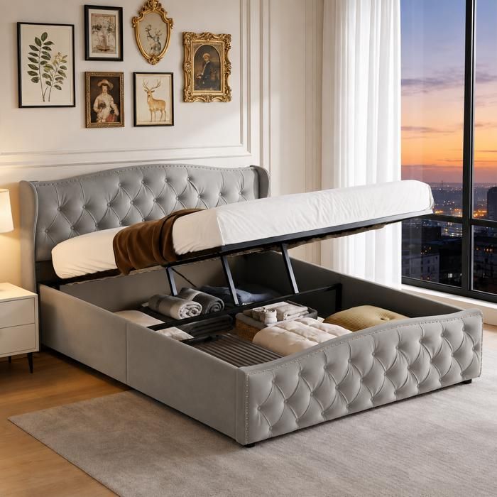 Lit Coffre 140x190 cm Lit Double avec Rangement Hydraulique Lit 140x190 avec Sommier à Lattes Tête de Lit Rembourrée Velours Gris